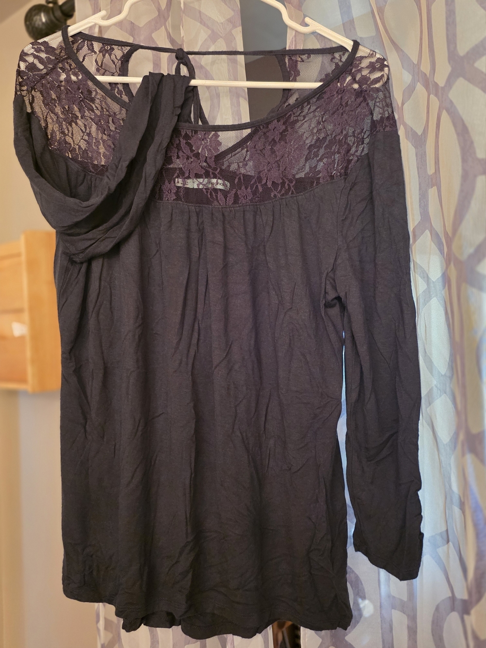 Maurices Black Lace Yoke Long-Sleeve Chemise Top Size M